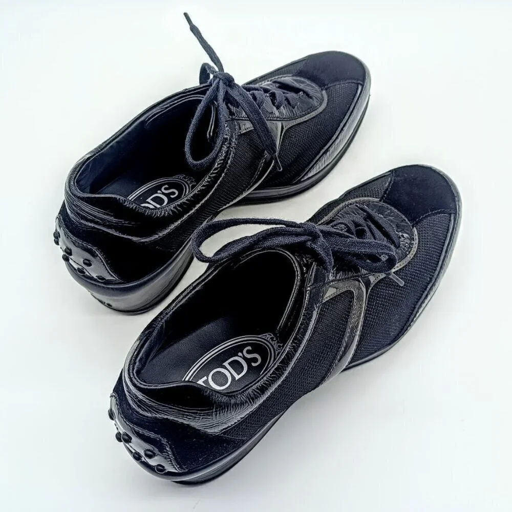 Tod's Black Italian Suede Leather Mesh Wedge Sneakers